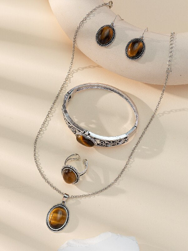 Wholesale Ethnic style four-piece natural stone tiger eye stone necklace earrings ring bracelet jewelry set